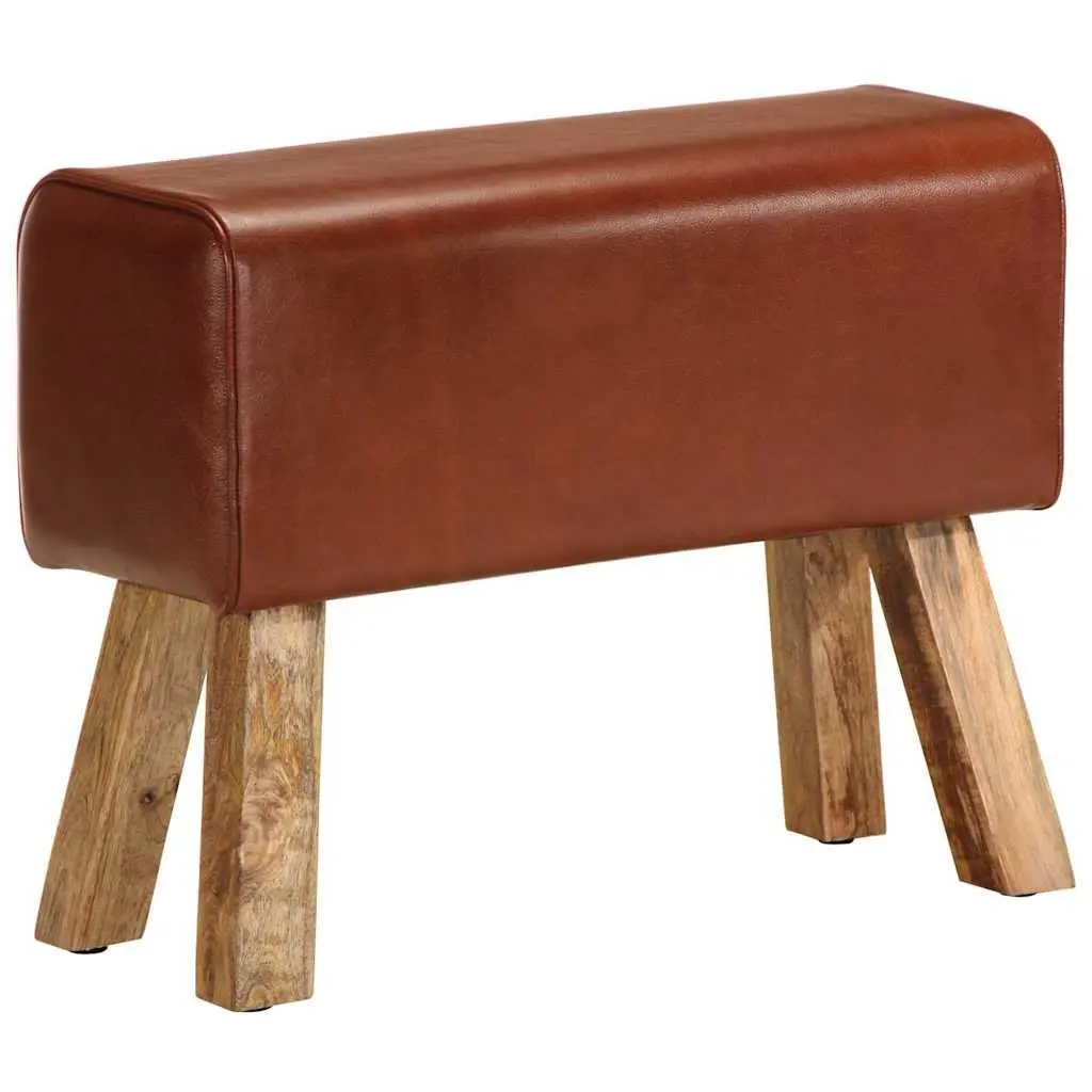 Gym Bok Bench 58 cm Brown Leather Seat Solid Wood Legs Padded Kitchen Dining
