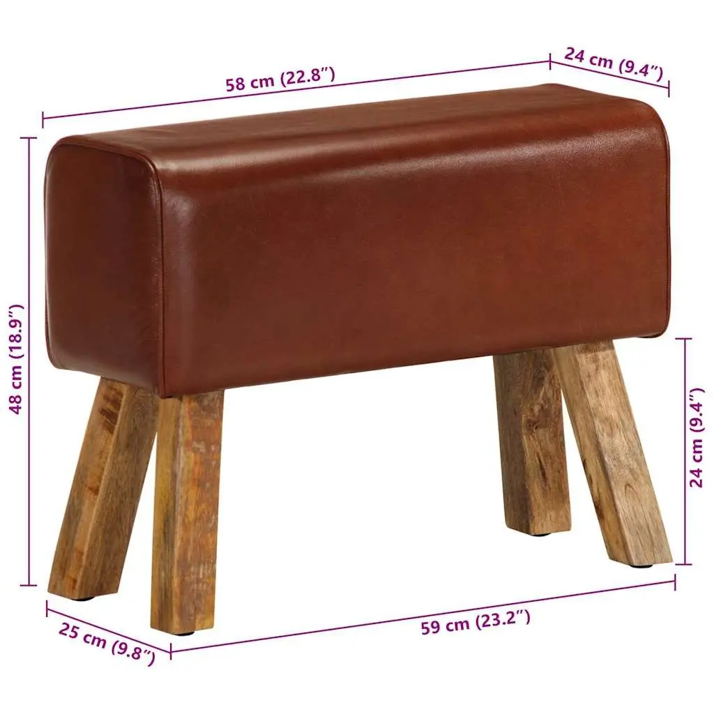 Gym Bok Bench 58 cm Brown Leather Seat Solid Wood Legs Padded Kitchen Dining
