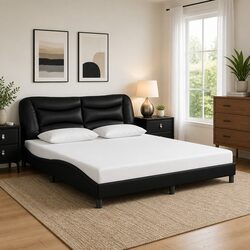 King Bed Frame 180x200cm: Black Faux Leather & Slats