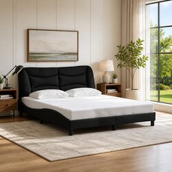 Queen Bed Frame Specifications: Black Fabric, Cushioned Headboard