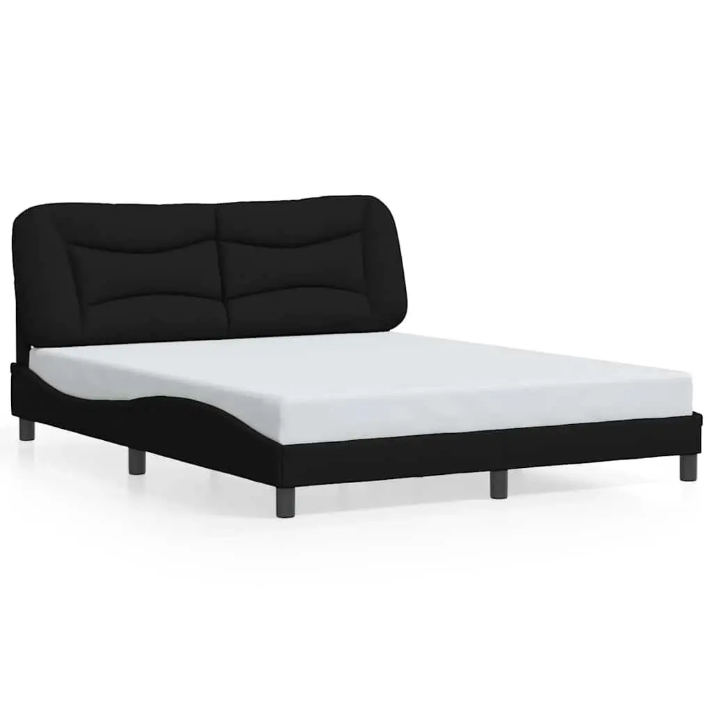 Queen Bed Frame Black Fabric Headboard Plywood Slats Cushioned Support Bedroom