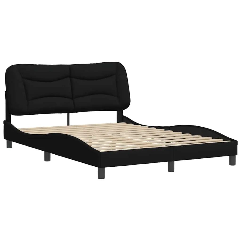 Queen Bed Frame Black Fabric Headboard Plywood Slats Cushioned Support Bedroom