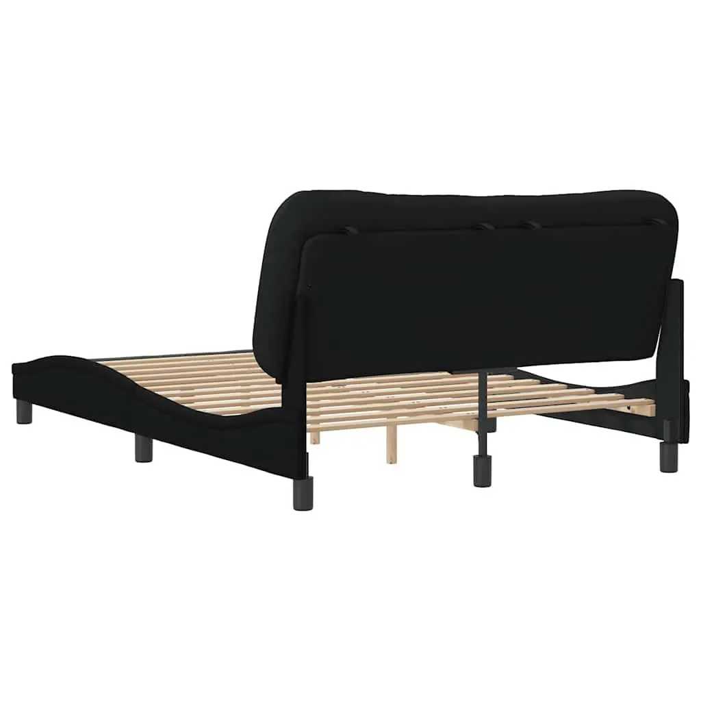 Queen Bed Frame Black Fabric Headboard Plywood Slats Cushioned Support Bedroom