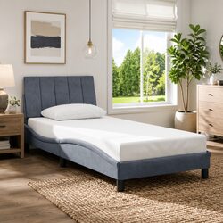 90x190 cm Grey Velvet Bed Frame with Headboard and Slats