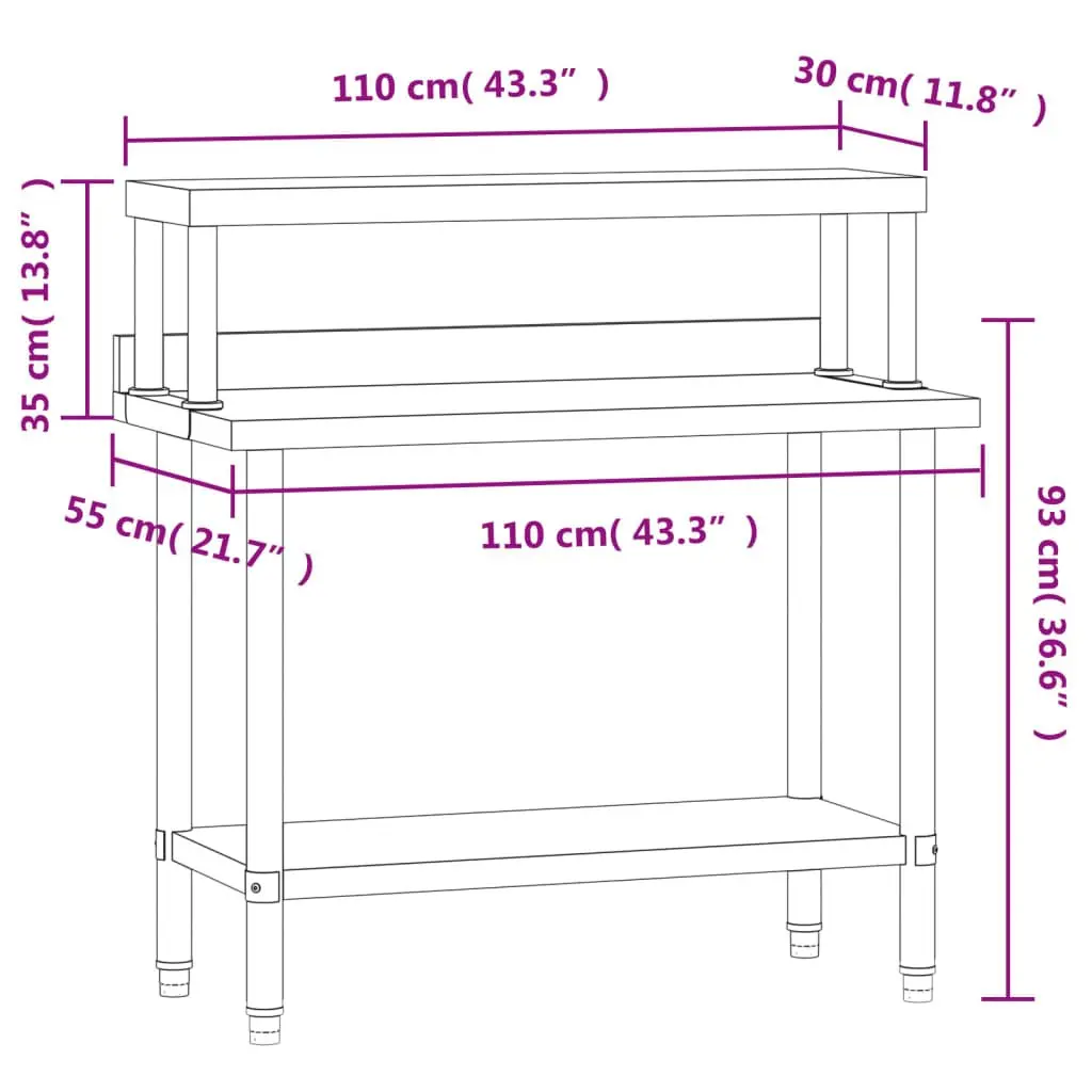 Stainless Steel Kitchen Work Table for Food Prep 110 x 55 x 120 cm