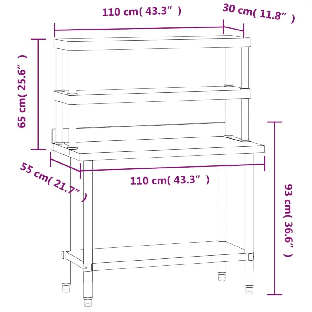 Stainless Steel Kitchen Work Table with Overshelf 110x55x150cm Prep Station