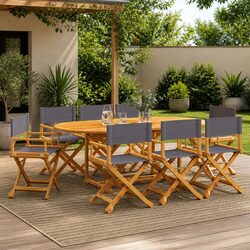 Folding Garden Chairs Set of 8 – Grey Fabric, Acacia Frame