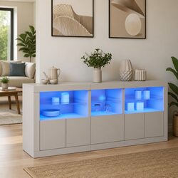 White Sideboard 162x37x67cm with RGB LED Lights and Storage