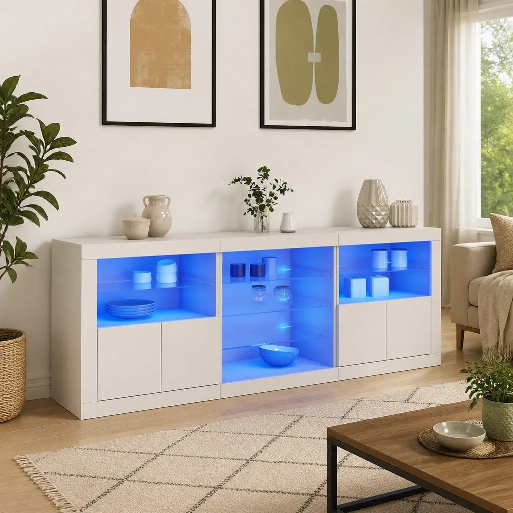 White Sideboard Cabinet for Living Room with RGB LED Lights 181.5 x 37 x 67 cm