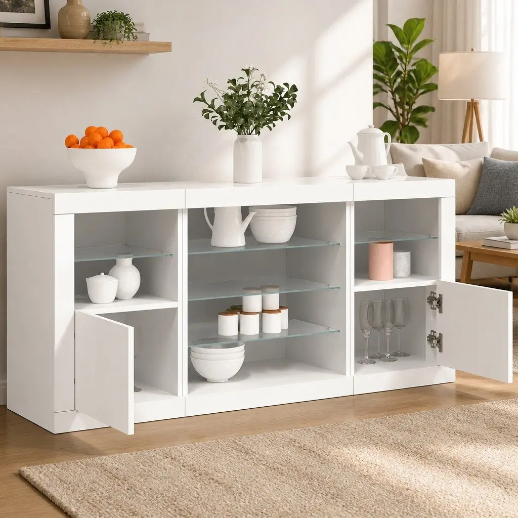 Storage Cabinet Sideboard for Hallway RGB LED Lights White 1425x37x67cm