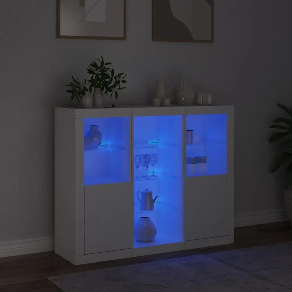 3-Piece White Sideboard Set with RGB LED Lighting