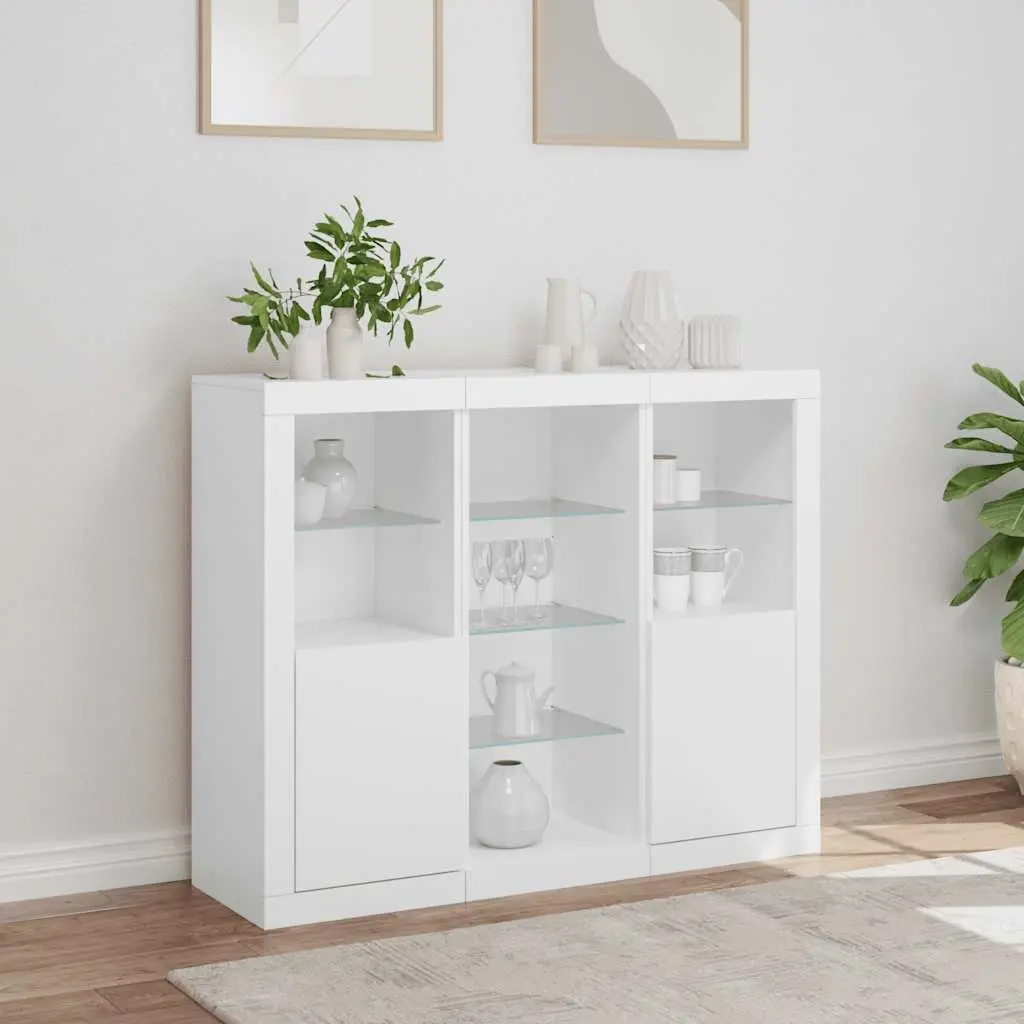 3-Piece White Sideboard Set with RGB LED Lighting