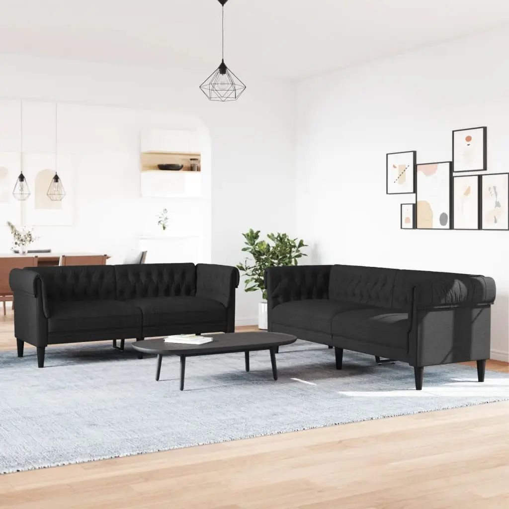 2 Piece Black Fabric Sofa Set Living Room Lounge Seating Modern Design