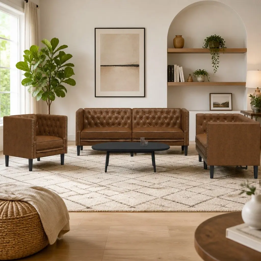 Chesterfield Sofa Set 3 Piece Brown Faux Suede Button Tufted Living Room
