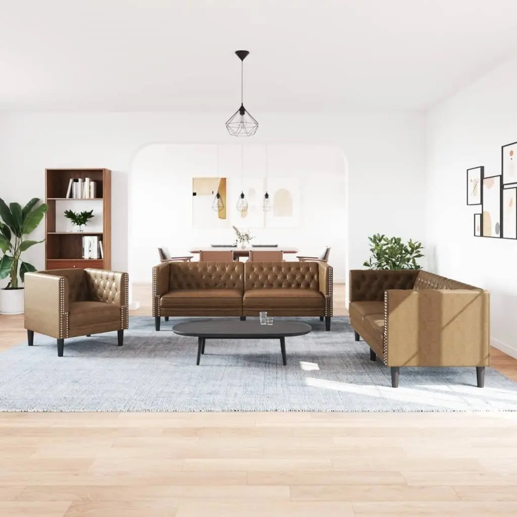 Chesterfield Sofa Set 3 Piece Brown Faux Suede Button Tufted Living Room