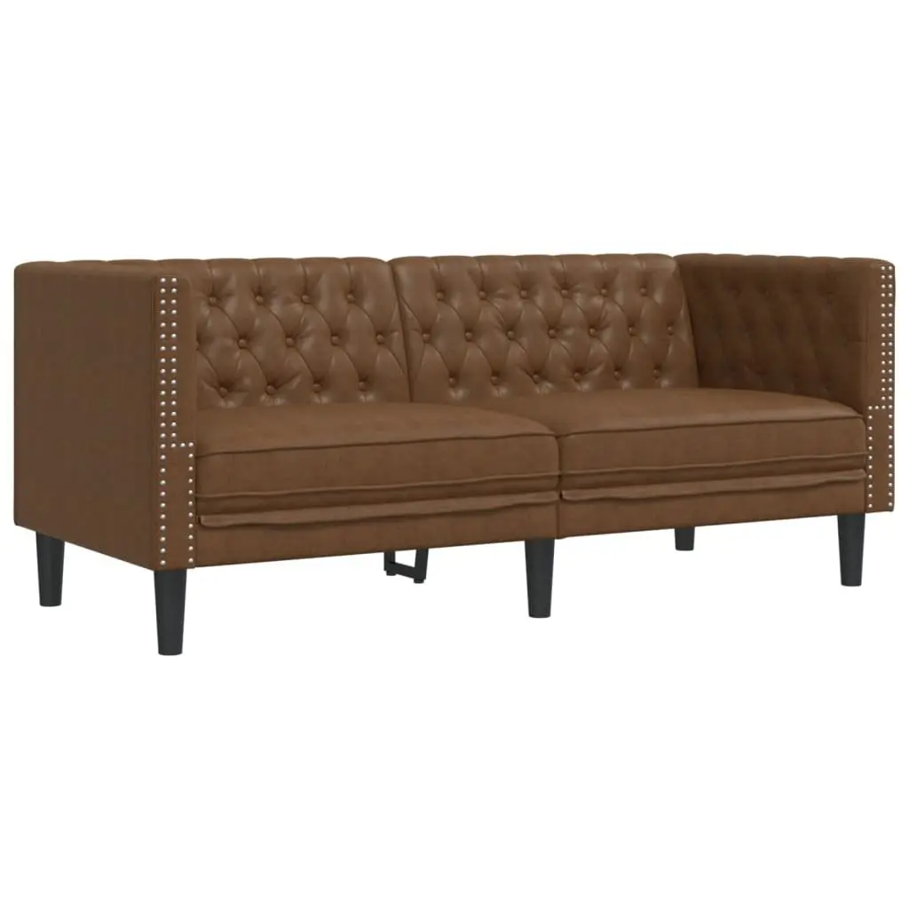 Chesterfield Sofa Set 3 Piece Brown Faux Suede Button Tufted Living Room