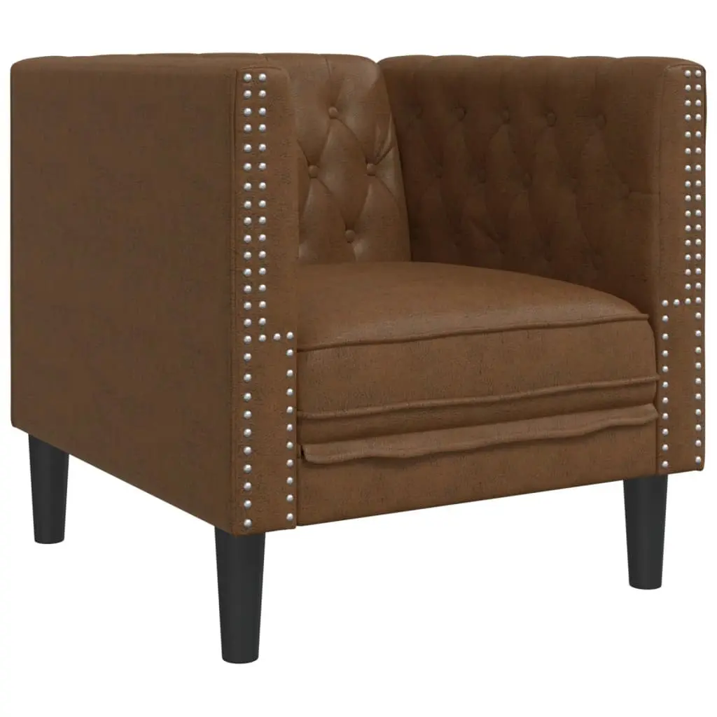Chesterfield Sofa Set 3 Piece Brown Faux Suede Button Tufted Living Room