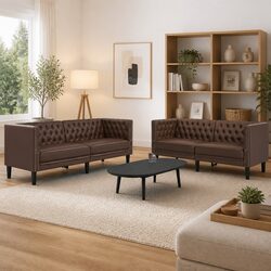 Brown Faux Leather Chesterfield Sofa Set - 2 Piece