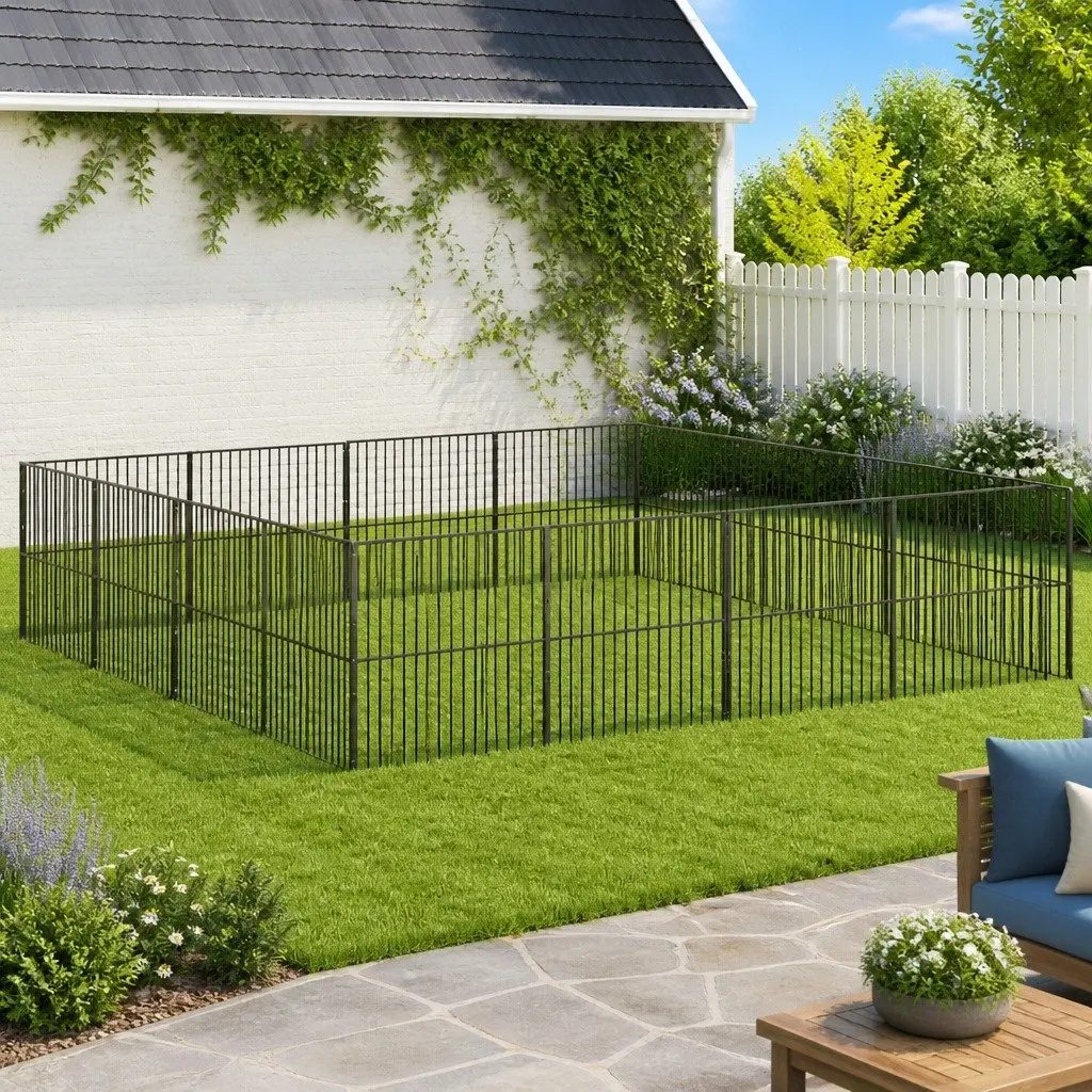 Dog Playpen for Pets 16 Panels Black Galvanised Steel Exercise Enclosure
