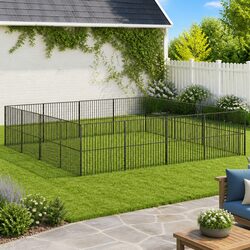 16 Panels Dog Playpen: Black Galvanised Steel Enclosure