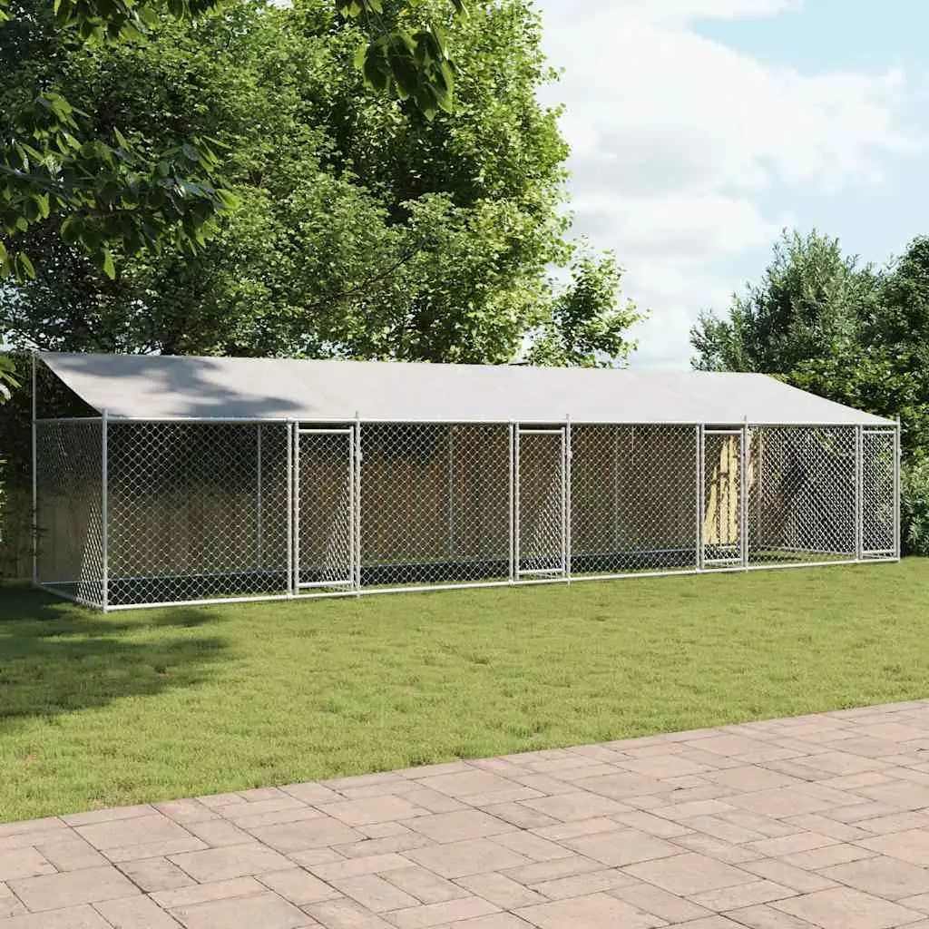 Dog Cage Kennel Run with Roof and Doors Grey Galvanised Steel Outdoor Pet Pen