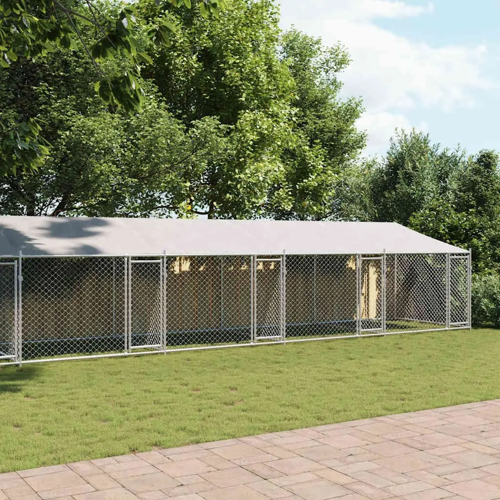 Outdoor Dog Kennel Heavy Duty Grey Galvanised Steel Cage with Roof and Lockable Doors 10x2x2m