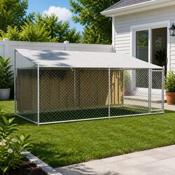 Dog Cage: Grey Galvanised Steel, 4 x 2 x 2 m, Water-Resistant Roof