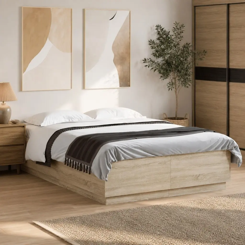 Bed Frame with RGB LED Lights Bedroom 150x200cm Slatted Base Brown
