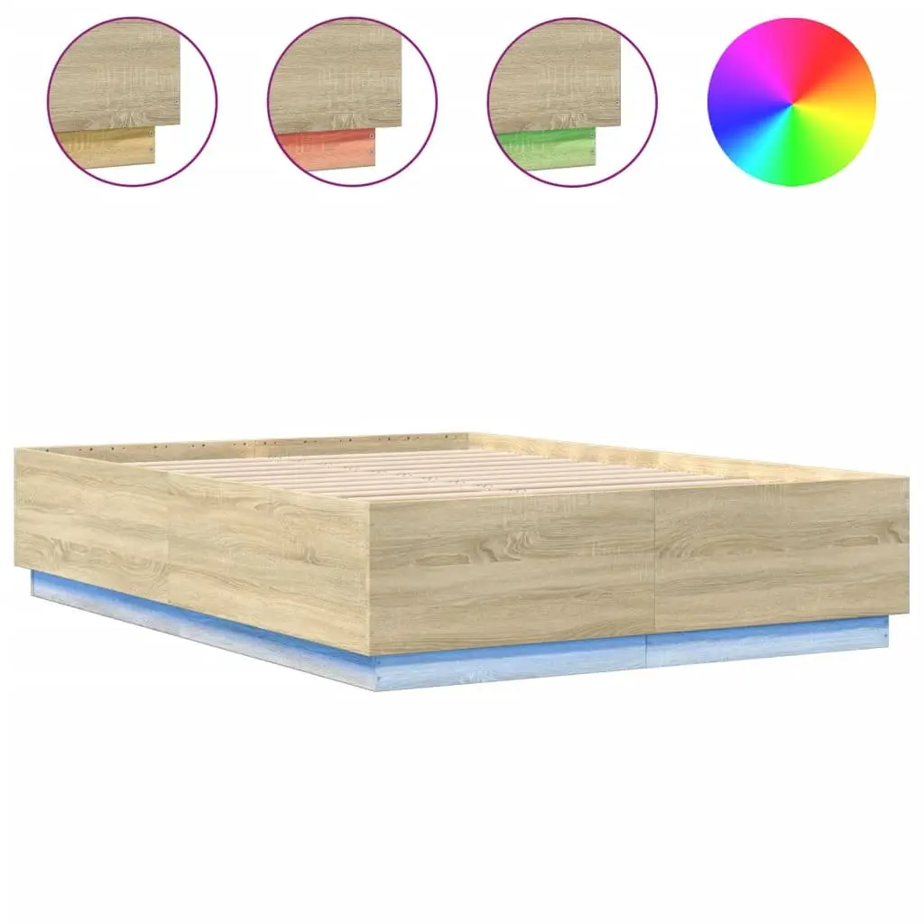 Bed Frame with RGB LED Lights Bedroom 150x200cm Slatted Base Brown
