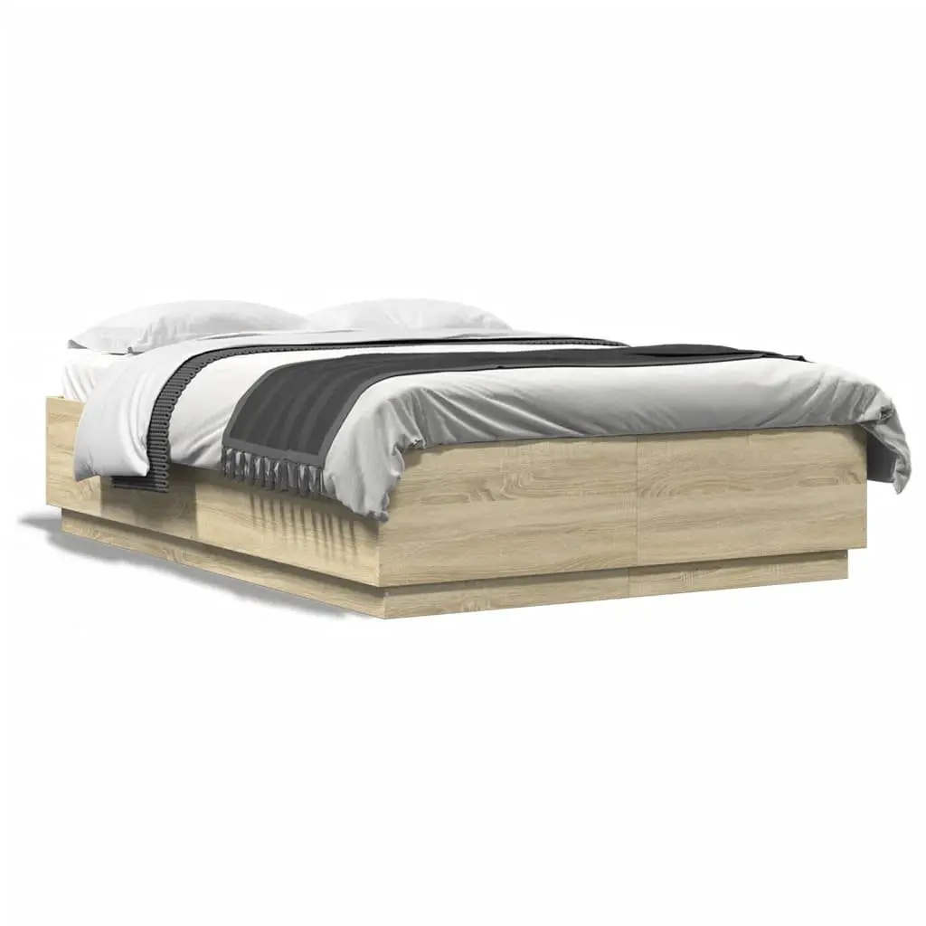 Bed Frame with RGB LED Lights Bedroom 150x200cm Slatted Base Brown