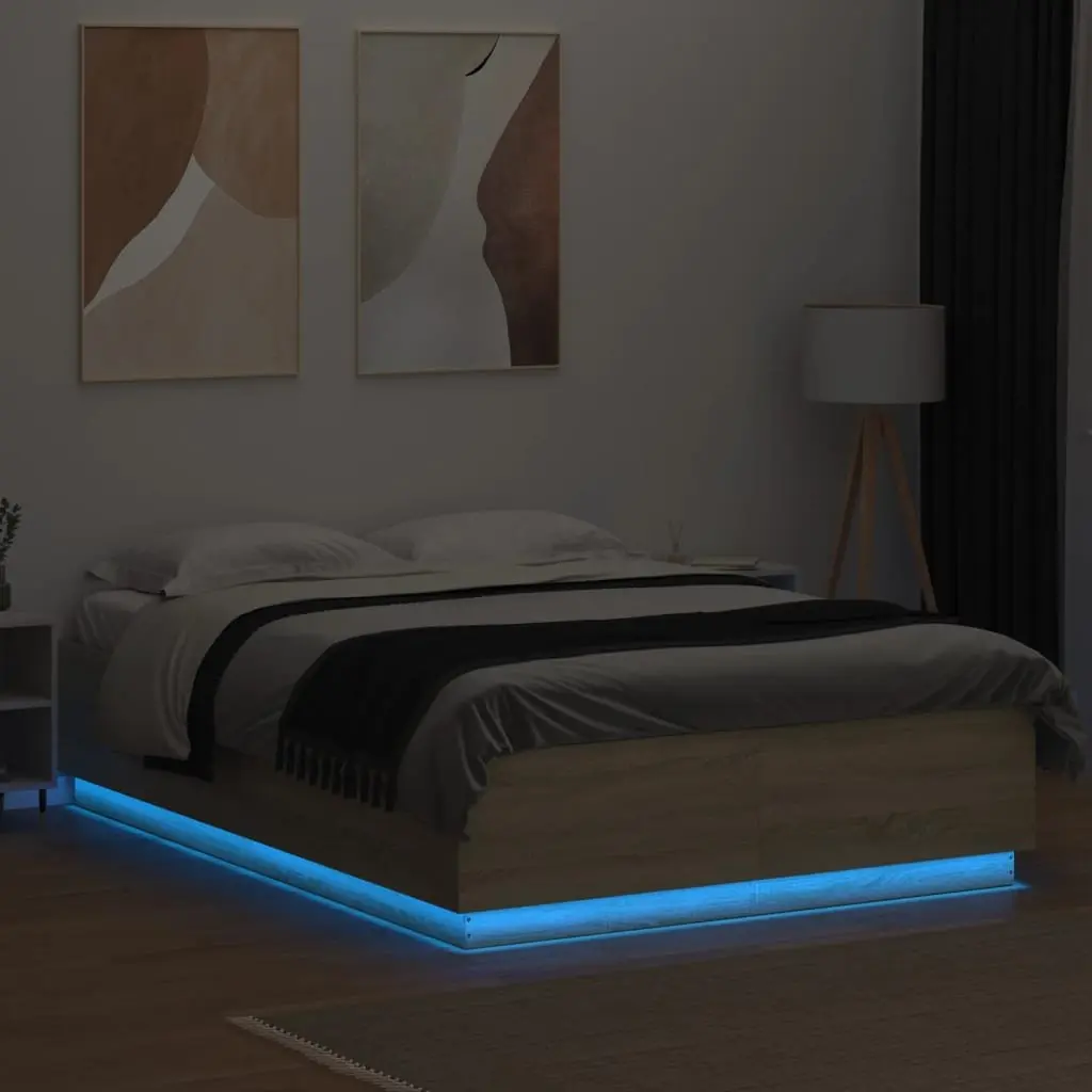 Bed Frame with RGB LED Lights Bedroom 150x200cm Slatted Base Brown