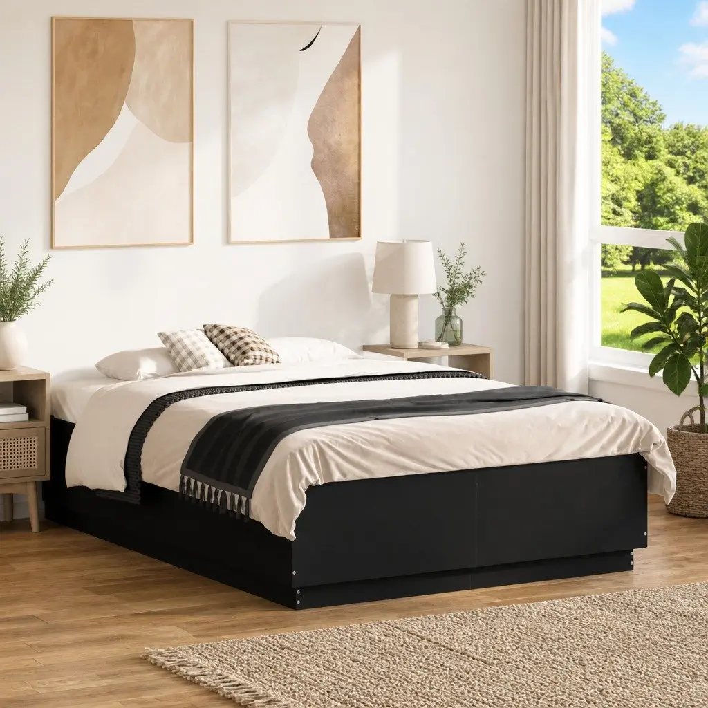 Black Bed Frame with LED Lights, 135x190 cm, Engineered Wood