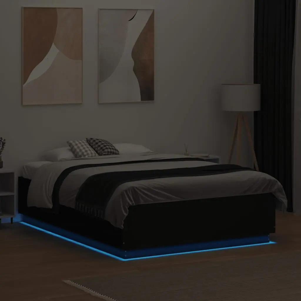 Black Bed Frame with LED Lights, 135x190 cm, Engineered Wood