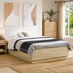 Brown Bed Frame 135x190 cm - Engineered Wood, Slatted Design