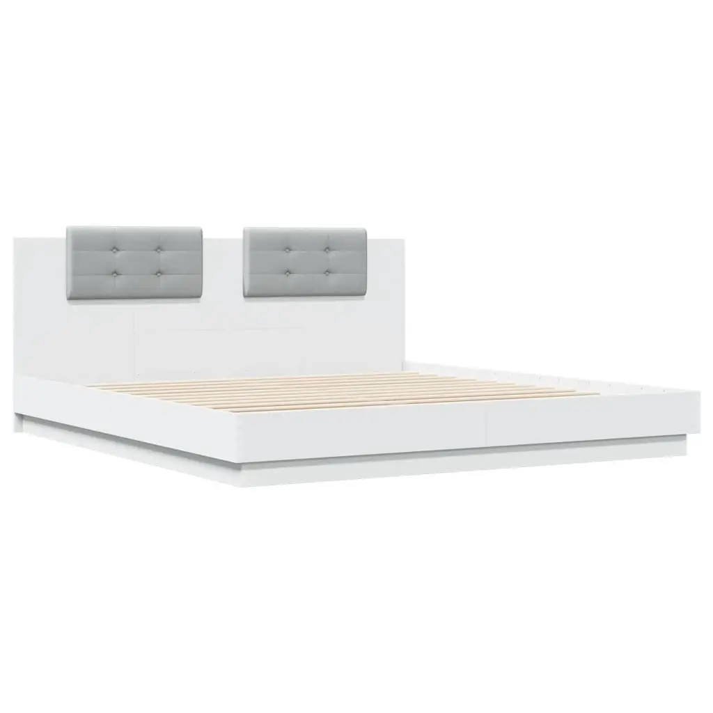 King Bed Frame White 183x203 cm with Headboard Engineered Wood Plywood Slats