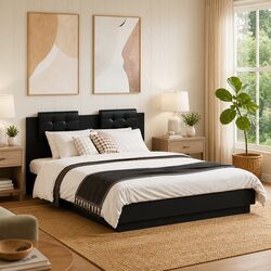 Bed Frame with Headboard Black 135x190 cm Engineered Wood Plywood Slats