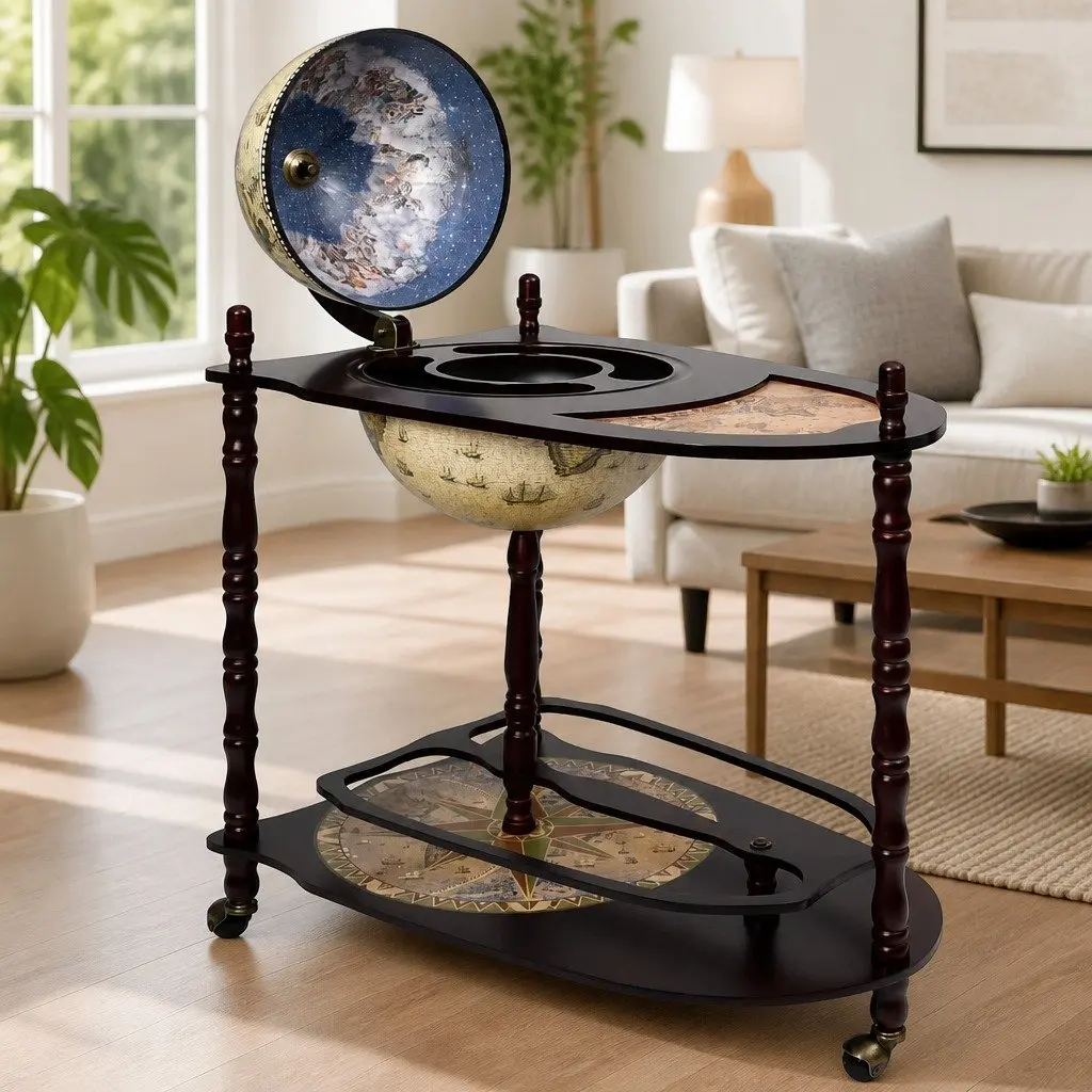 Freestanding Globe Bar Cabinet with Table and Wheels