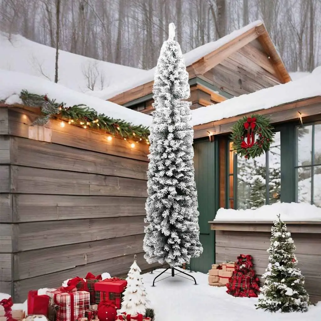 Slim Artificial Christmas Tree Indoor Outdoor 240cm Green Flocked Snow
