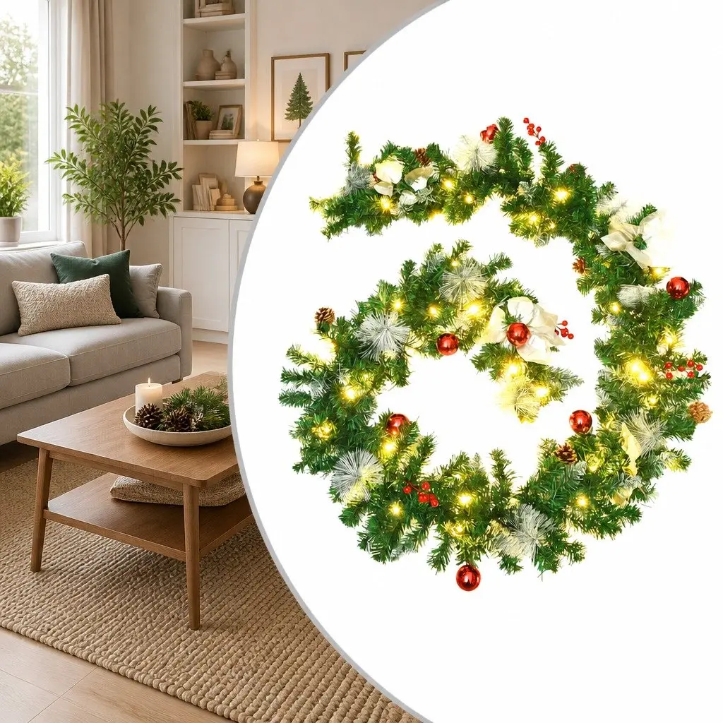 Christmas Garland with LED Lights Green 2.7m Festive Holiday Decoration Indoor