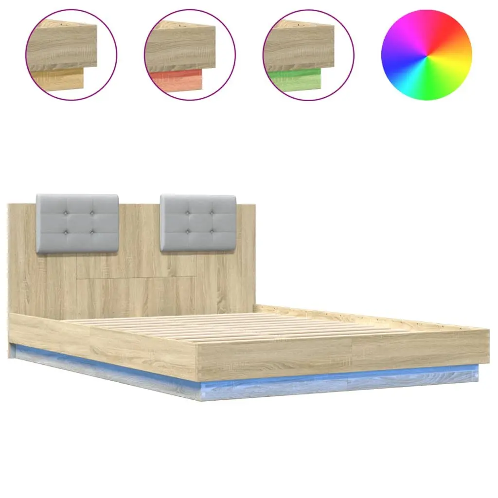 Bed Frame with Headboard RGB LED Lights Engineered Wood 150x200 cm Brown