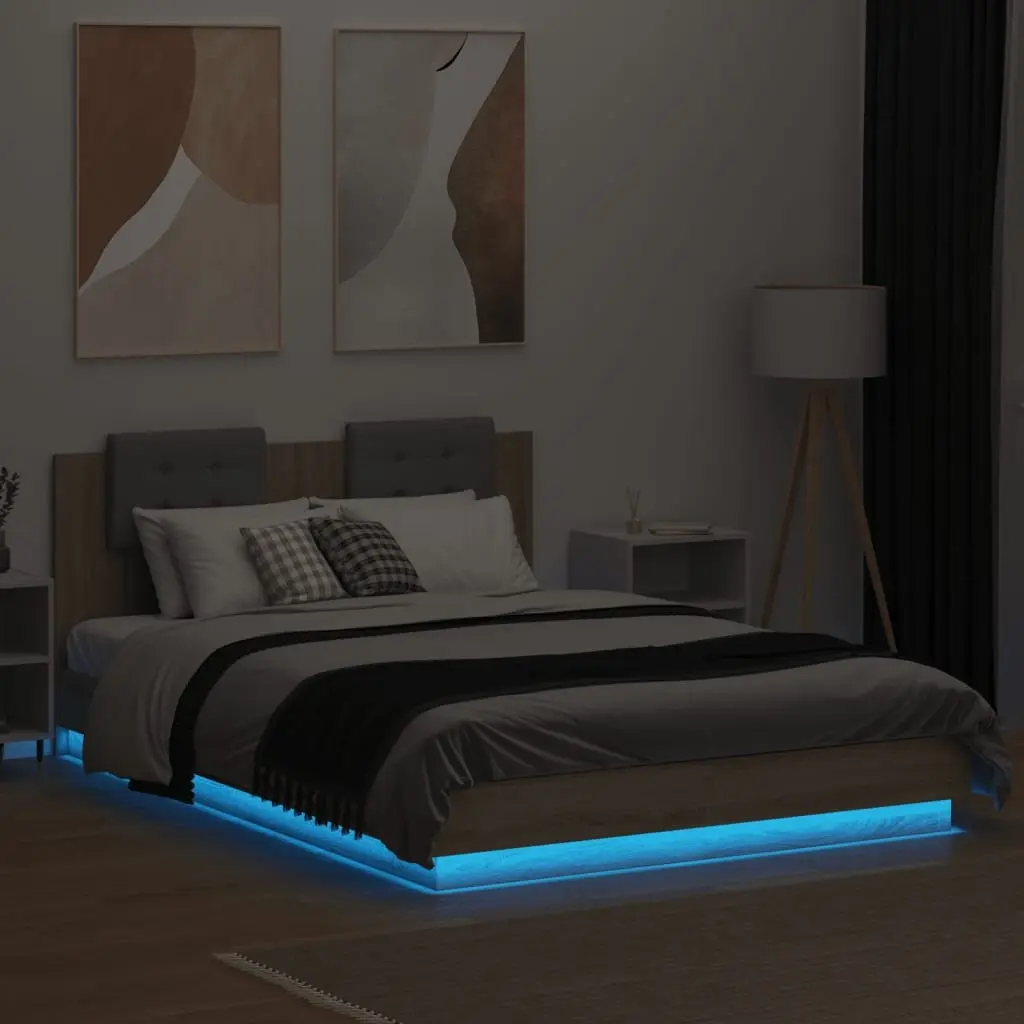 Bed Frame with Headboard RGB LED Lights Engineered Wood 150x200 cm Brown