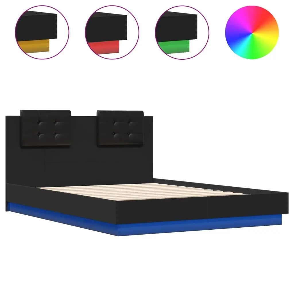 Black Bed Frame with RGB LED Lights Headboard 135x190cm Engineered Wood Slats