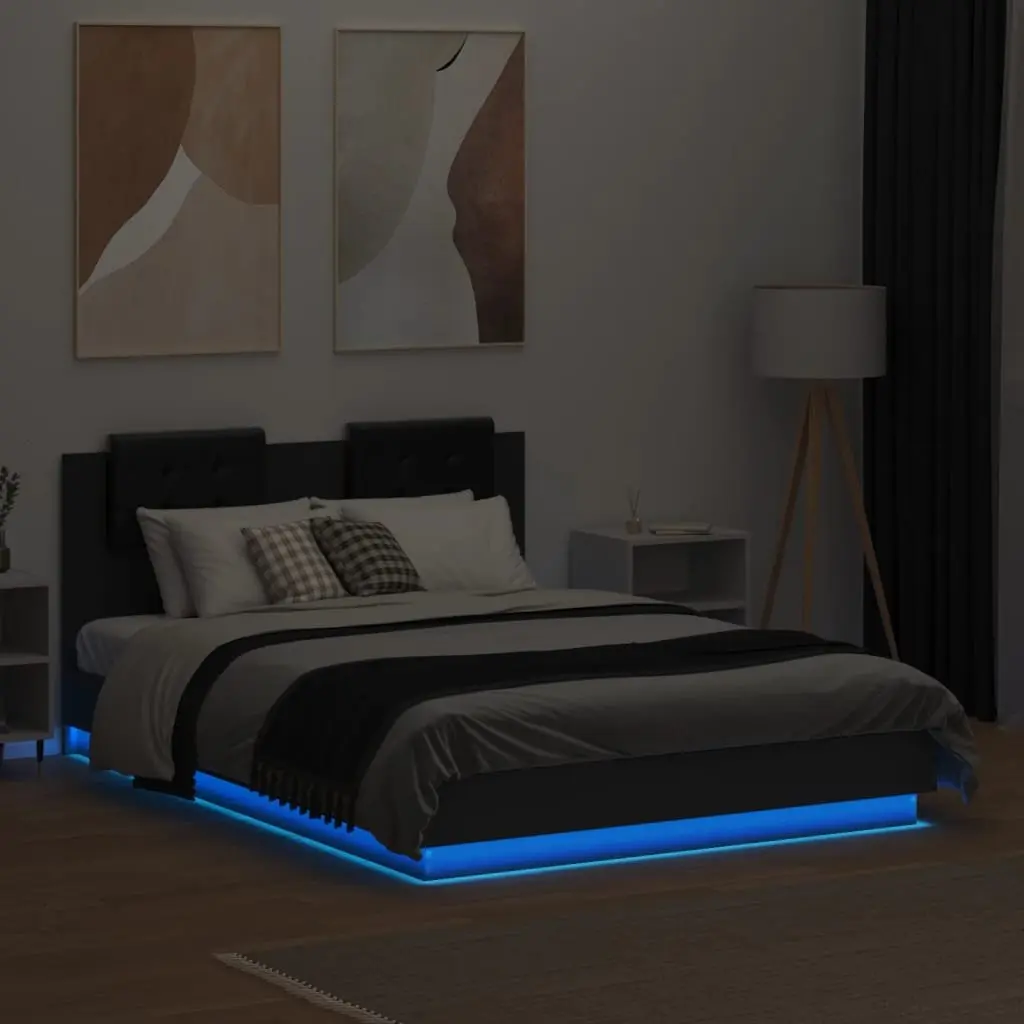 Black Bed Frame with RGB LED Lights Headboard 135x190cm Engineered Wood Slats