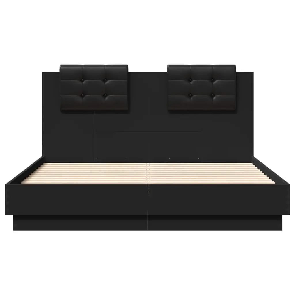 Black Bed Frame with RGB LED Lights Headboard 135x190cm Engineered Wood Slats