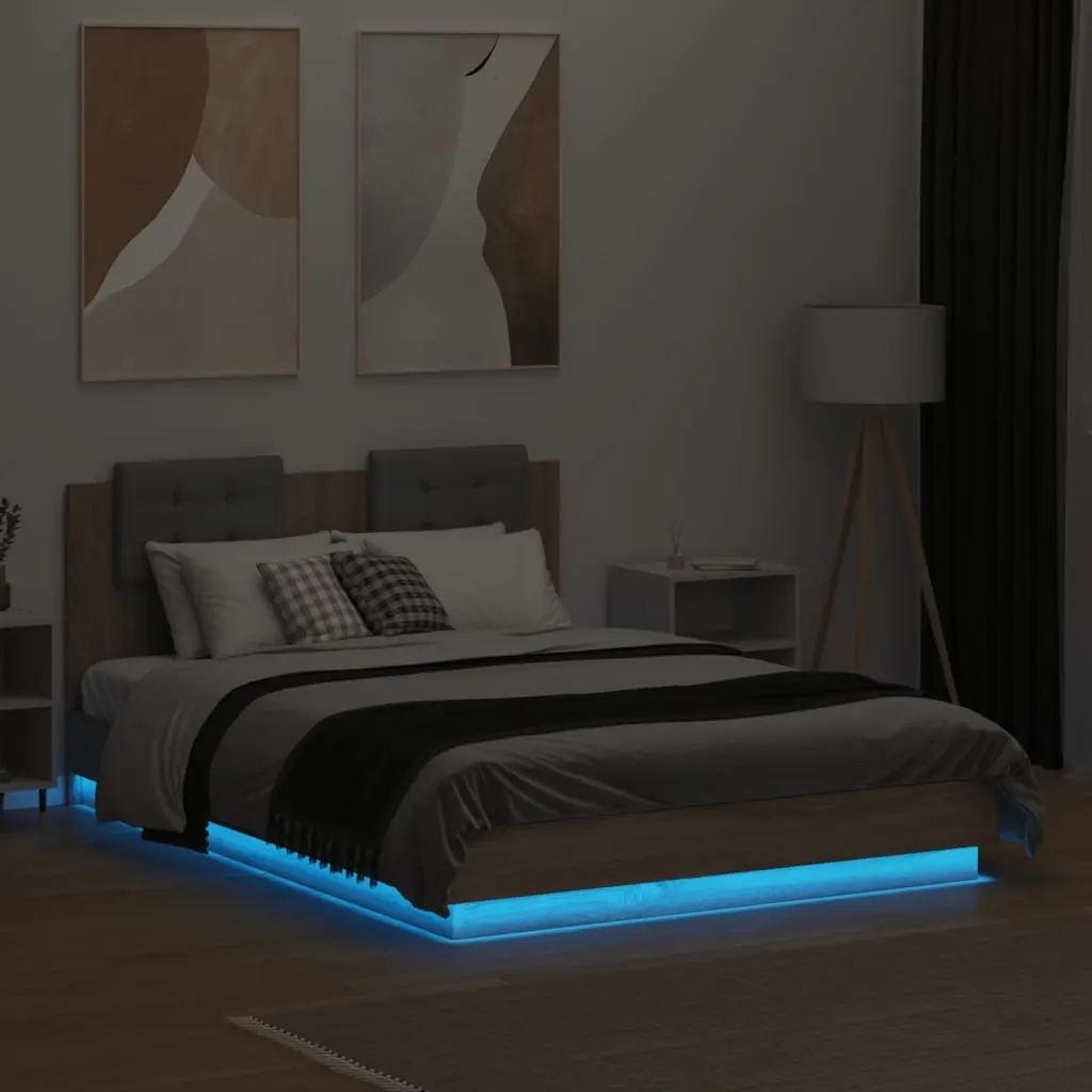 Brown Engineered Wood Bed Frame with LED Headboard 135x190cm