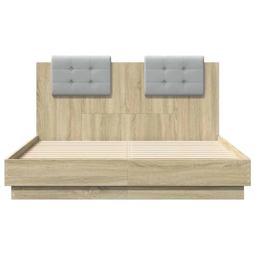 Brown Engineered Wood Bed Frame with LED Headboard 135x190cm