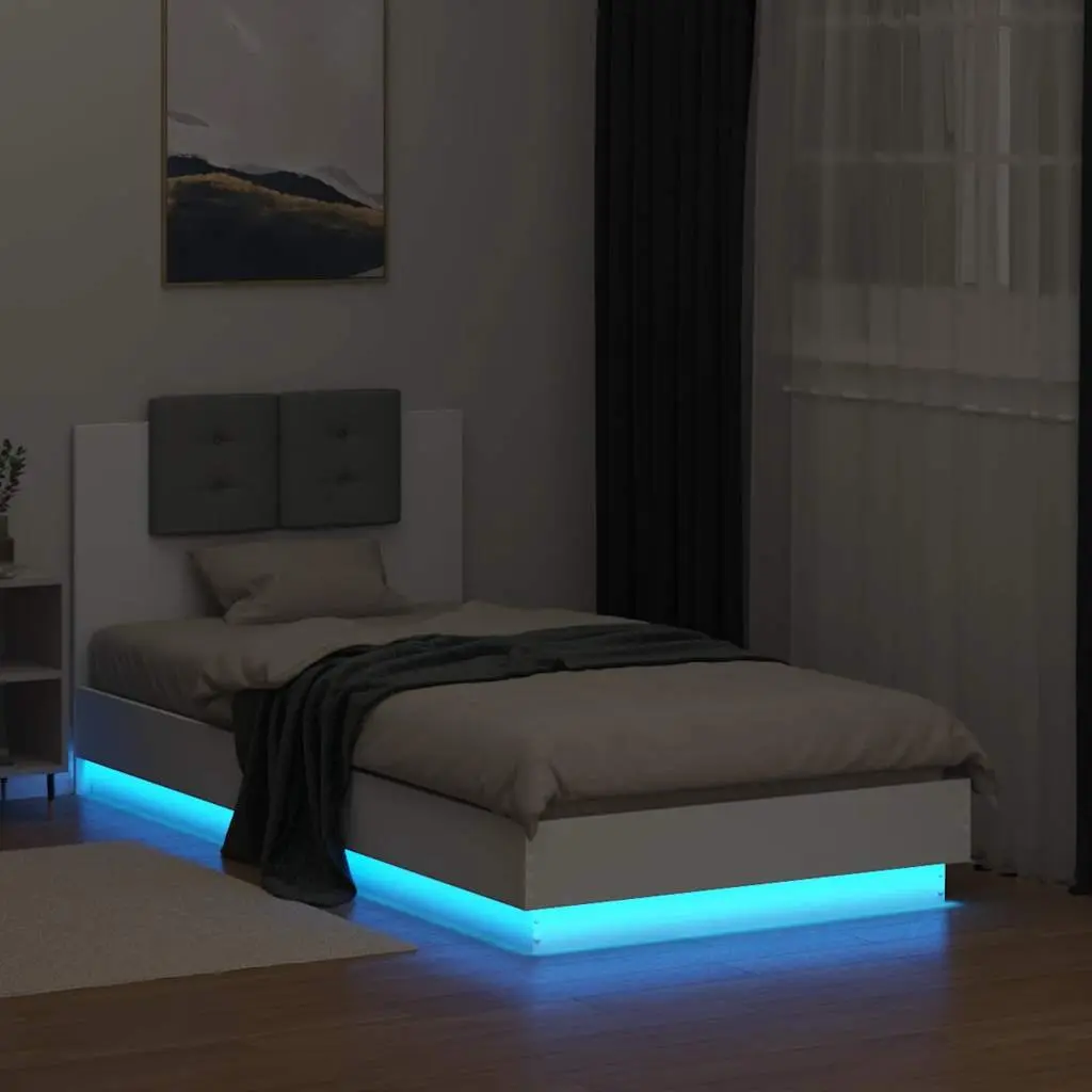 White Bed Frame with RGB LED Lights Headboard 90x190 cm Slatted Base