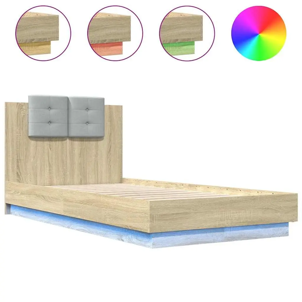Bed Frame with Headboard RGB LED Lights Slatted Base Sonoma Oak 90x190cm