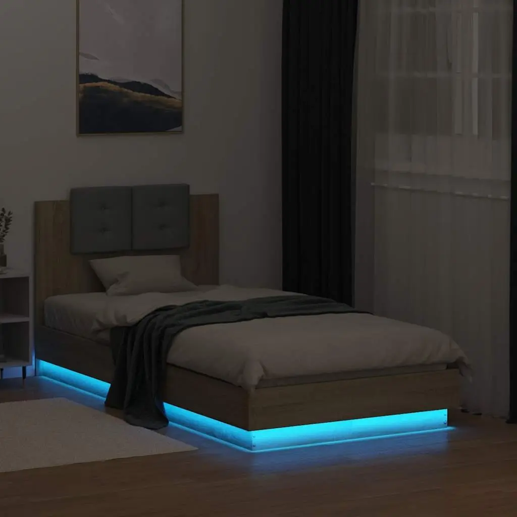 Bed Frame with Headboard RGB LED Lights Slatted Base Sonoma Oak 90x190cm