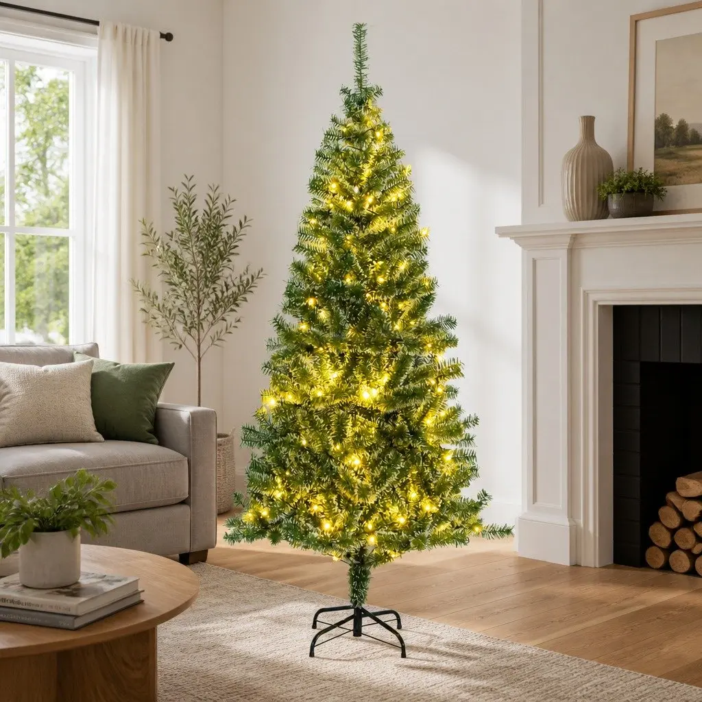Flocked Snow Artificial Christmas Tree 210cm for Indoor Use with 300 USB Powered LEDs and 8 Lighting Modes